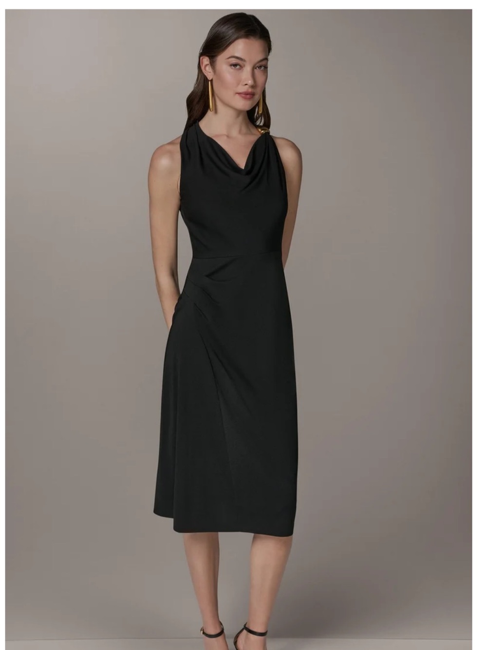 Donna Karen Elegant Black Draped Halter Midi Dress - Brand: